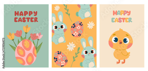 Posters set with cute bunny and chicken, spring flowers and colored eggs. Vector flat illustration. Holiday banner, flyer or greeting voucher, brochure design.
