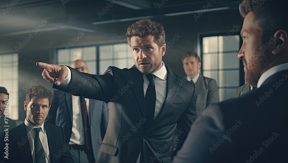 A furious businessman points emphatically, illustrating his intense emotions or discontent. - obrazy, fototapety, plakaty 