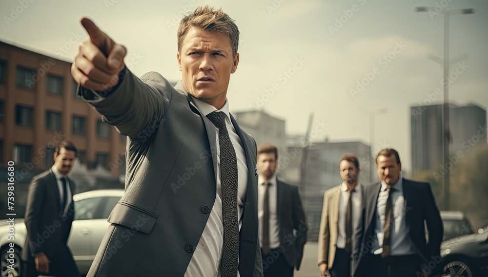 Fototapeta premium A furious businessman points emphatically, illustrating his intense emotions or discontent.