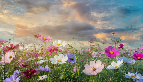 Beautiful colorful flowers with pastel sky and clouds background, Idyllic Meadow landscape  © Bounpaseuth
