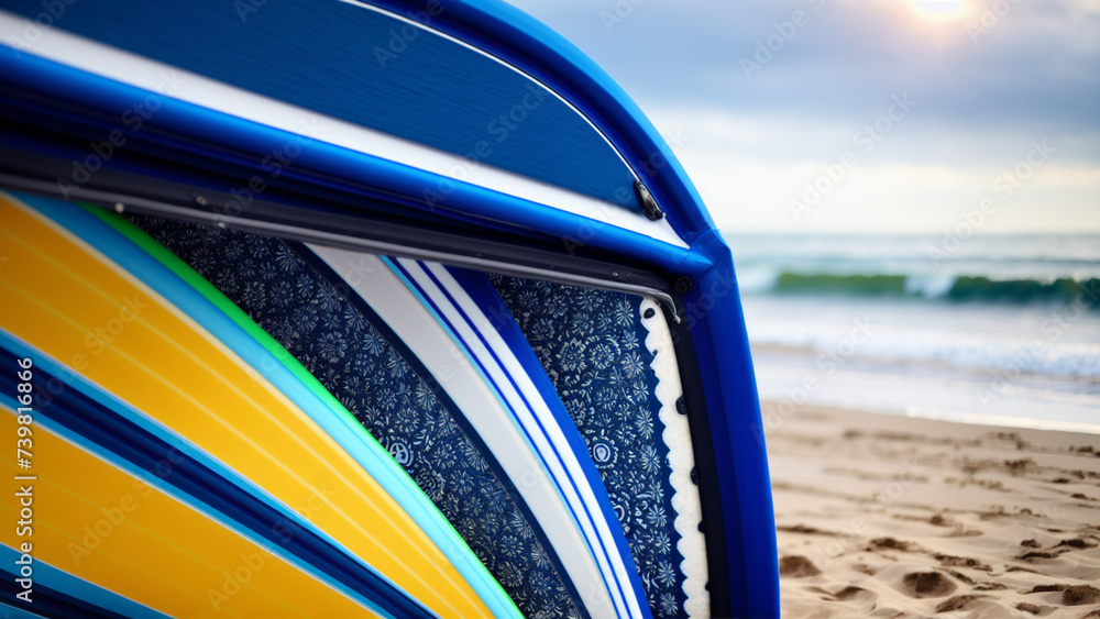 Fototapeta premium Colorful exterior of a caravan on the shore of a beach with waves.