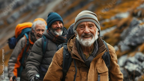 old man backpack trekking on mountain. generative ai