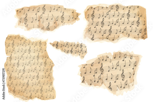 Parchment piece of paper with old music melody, song scrapbook sheet isolated on white background, design element, frame.