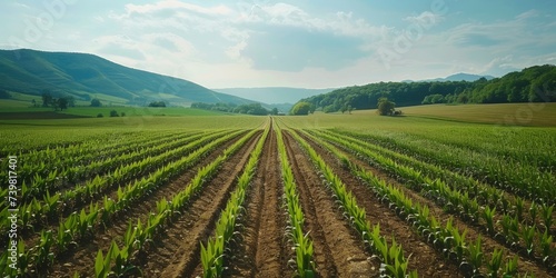 rows of young corns in corn field.generative ai