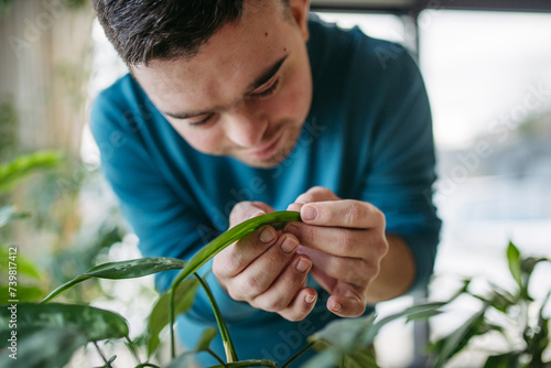 Young man with Down syndrome taking care of indoor plant, touching, snuggling plant leaf. photo