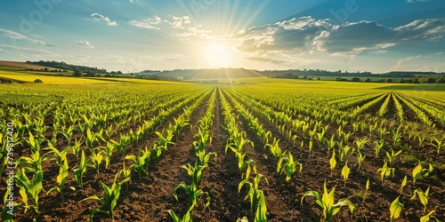 rows of young corns in corn field.generative ai