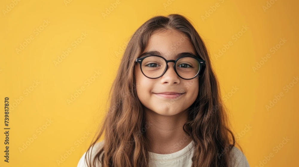 Young girl with glasses smiling against a yellow background.