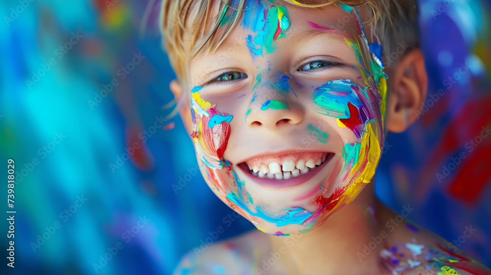 Beautiful young boy covered in colorful paint, smiling Beautiful young boy covered in colorful paint, smiling