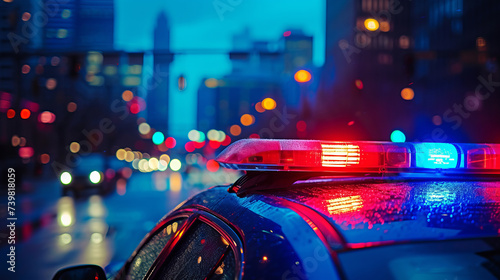 Blue and red light flasher on top of a police car. City lights on the background photo