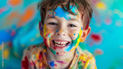 Beautiful young boy covered in colorful paint, smiling