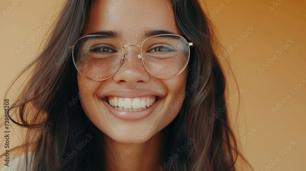 Smiling woman with freckles and glasses against a warm blurred background. Smiling woman with freckles and glasses against a warm blurred background.