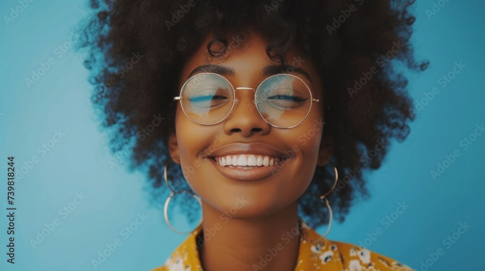 A joyful woman with curly hair wearing round glasses and hoop earrings smiling against a blue background. A joyful woman with curly hair wearing round glasses and hoop earrings smiling against a blue background.