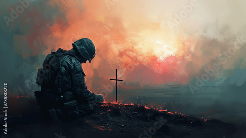 Christian soldier praying with cross in the background. Digital painting
