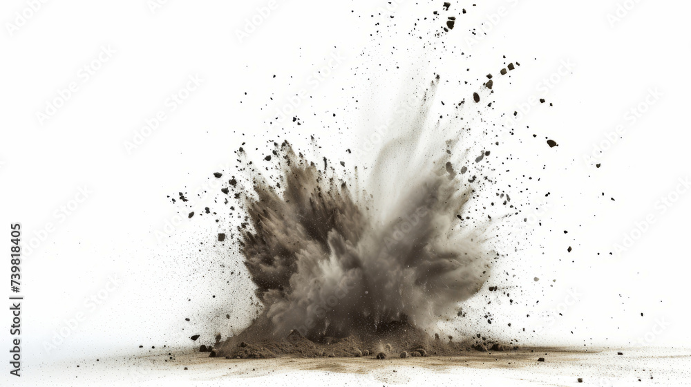 Dry soil explosion isolated on white background. Abstract dust - obrazy, fototapety, plakaty 