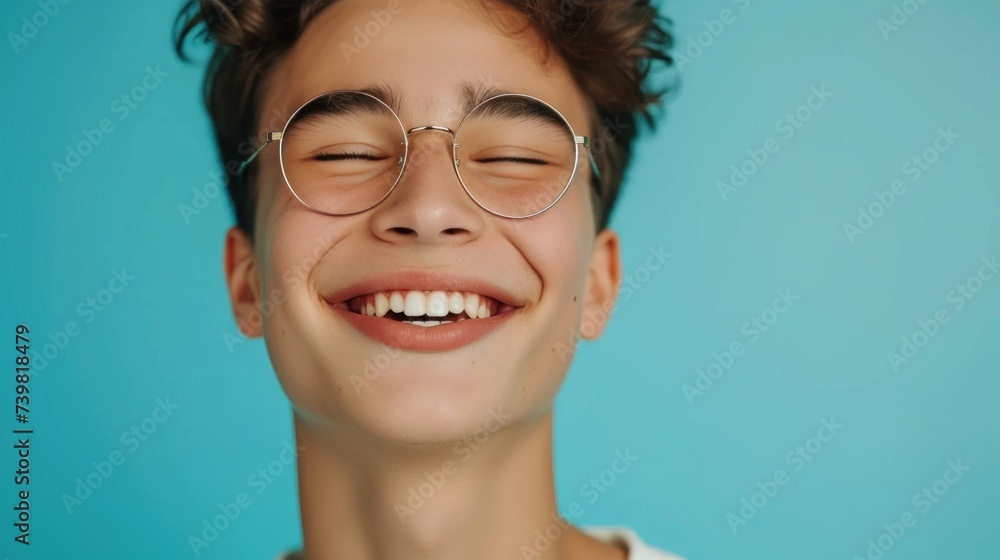 Young man with glasses closed eyes and a joyful smile against a vibrant blue background. Young man with glasses closed eyes and a joyful smile against a vibrant blue background.