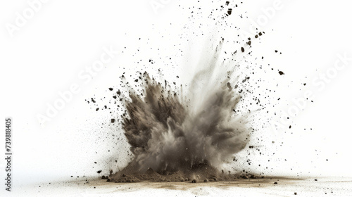 Dry soil explosion isolated on white background. Abstract dust photo