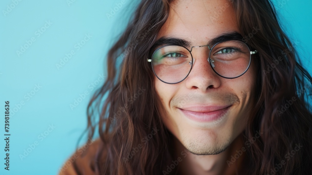 A young man with long hair and glasses smiling against a blue background. A young man with long hair and glasses smiling against a blue background.
