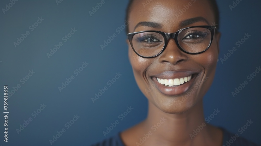 Smiling woman with glasses against blue background looking directly at camera. Smiling woman with glasses against blue background looking directly at camera.