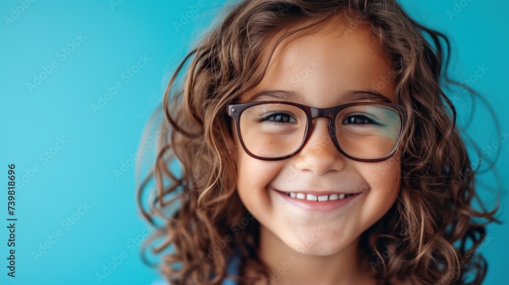 Obraz premium A young girl with curly hair and glasses smiling against a blue background.