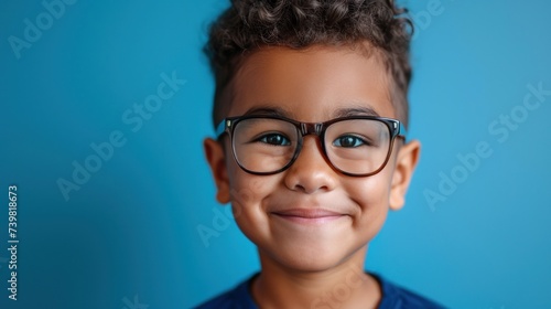A young boy with curly hair and glasses smiling against a blue background.
