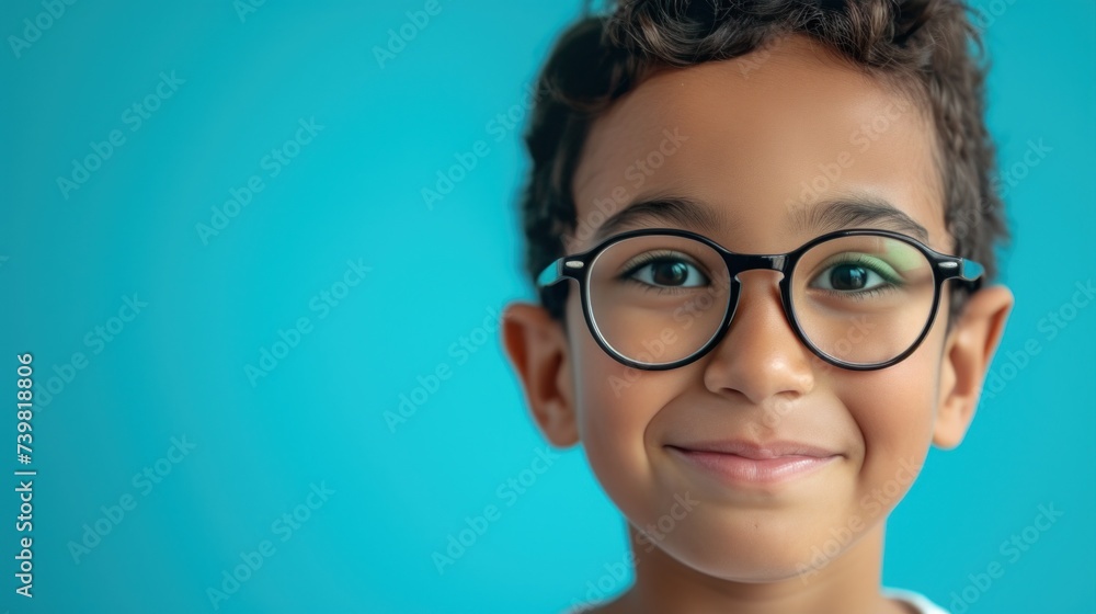 A young boy with a big smile and glasses set against a vibrant blue background. A young boy with a big smile and glasses set against a vibrant blue background.