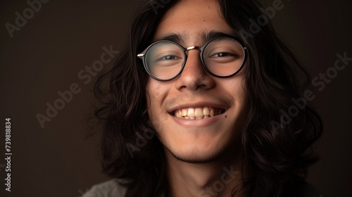 Young man with long hair and glasses smiling broadly exuding a sense of joy and warmth.