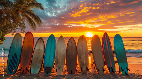 Many surfboards aligned on the beach with sunset in background #739818852