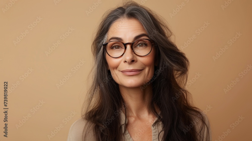 A woman with long dark hair and glasses smiling gently wearing a light-colored blouse against a soft beige background. A woman with long dark hair and glasses smiling gently wearing a light-colored blouse against a soft beige background.