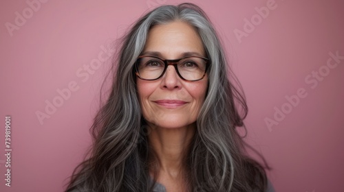 A woman with gray hair wearing glasses smiling at the camera against a pink background.