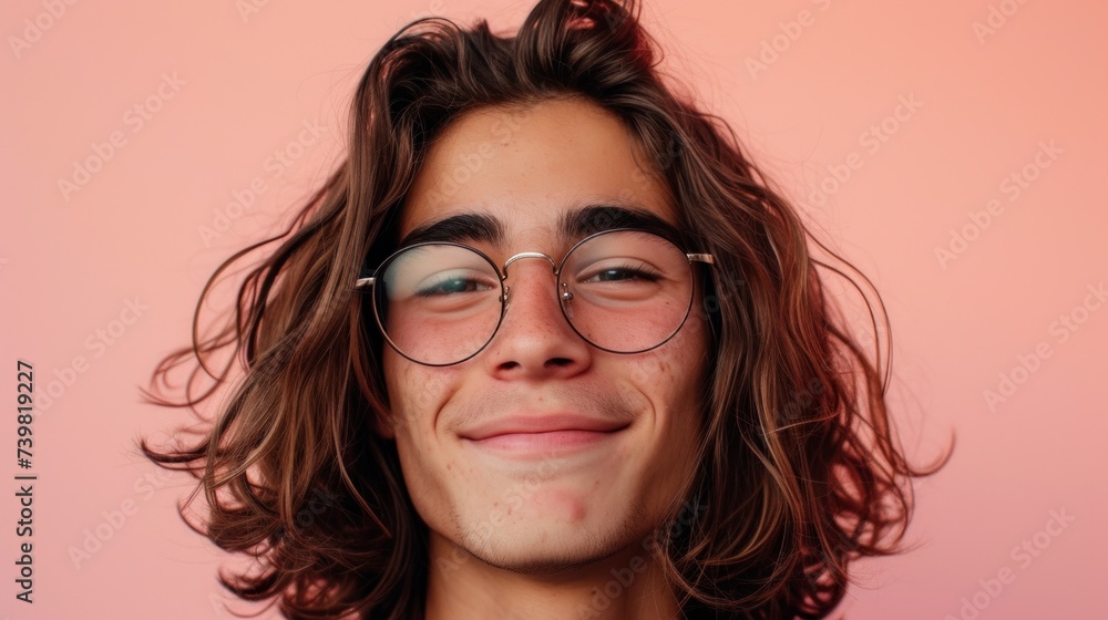 A young man with curly hair and glasses smiling against a pink background.