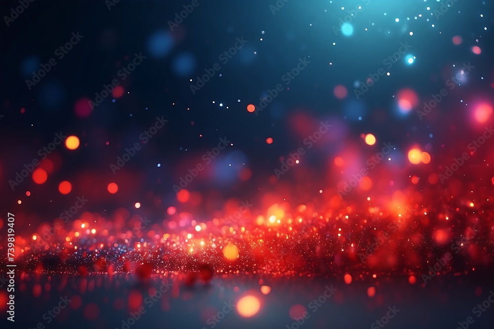  Background with falling red glitter particles. Falling red confetti with magic light. Beautiful light background - obrazy, fototapety, plakaty 