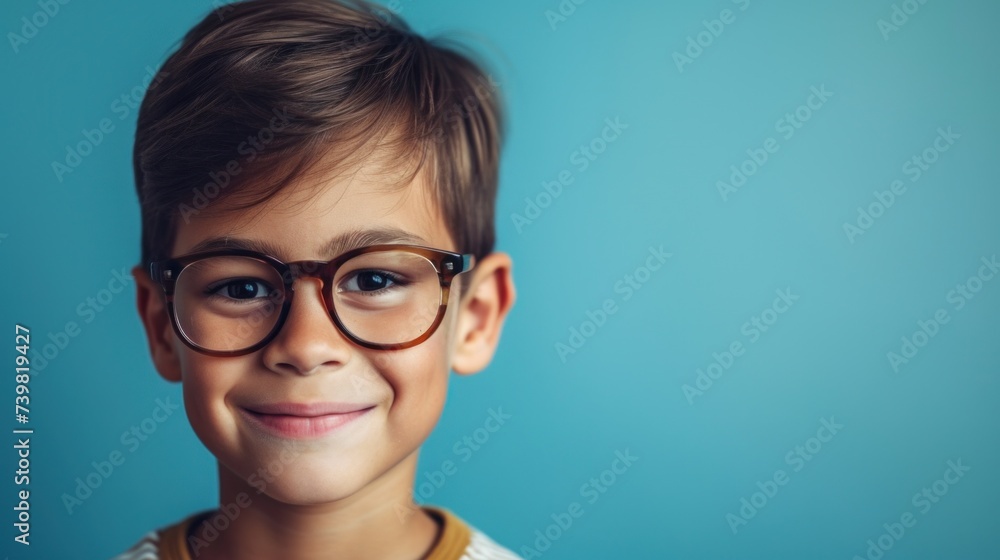 A young boy with glasses smiling against a blue background. A young boy with glasses smiling against a blue background.