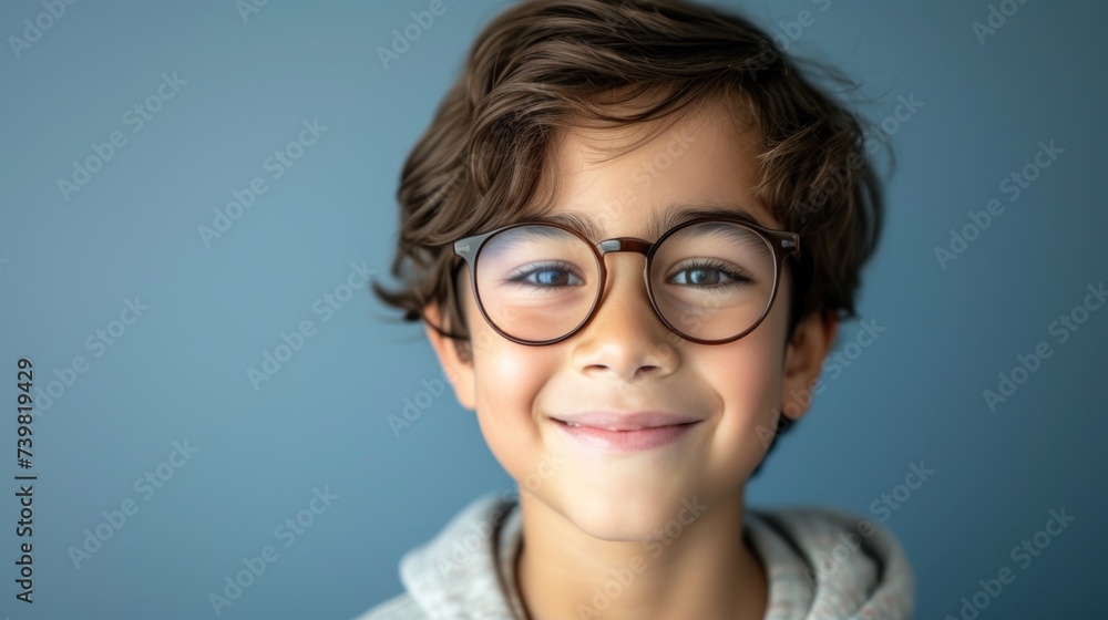 Smiling young boy with glasses and curly hair against blue background. Smiling young boy with glasses and curly hair against blue background.