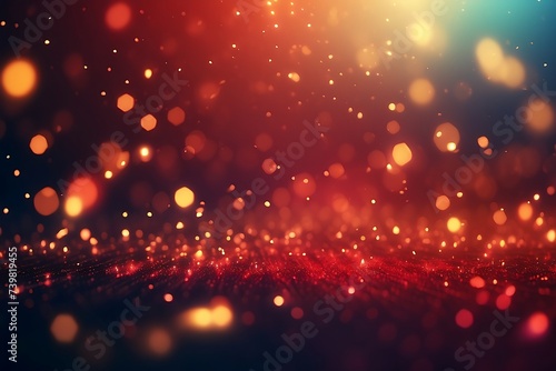 Background with falling red glitter particles. Falling red confetti with magic light. Beautiful light background