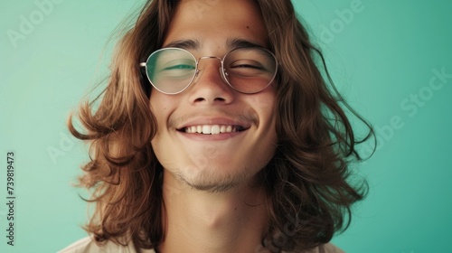 Young man with long curly hair wearing round glasses smiling broadly against a light blue background.