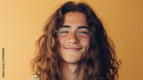 Young man with long curly hair wearing glasses smiling against a yellow background.