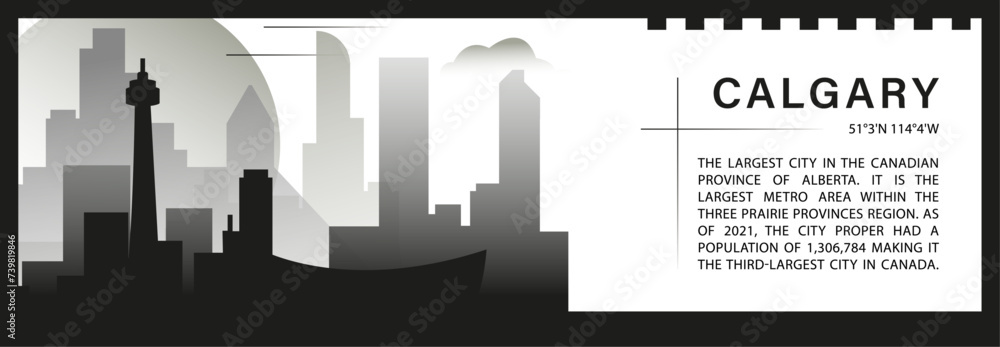 Calgary skyline vector banner, black and white minimalistic cityscape silhouette. Canada Alberta province city horizontal graphic, travel infographic, monochrome layout for website