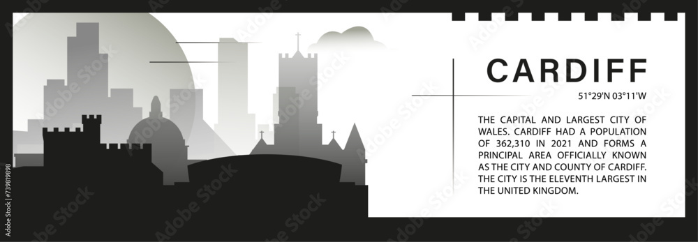 UK Cardiff skyline vector banner, black and white minimalistic cityscape silhouette. United Kingdom Wales city horizontal graphic, travel infographic, monochrome layout for website