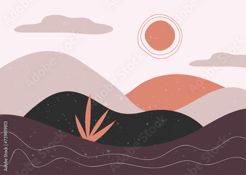 Trendy minimalist abstract landscape illustrations. Hand drawn contemporary artistic posters.
