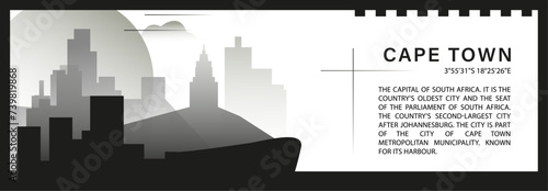 Cape Town skyline vector banner  black and white minimalistic cityscape silhouette. South Africa city horizontal graphic  travel infographic  monochrome layout for website