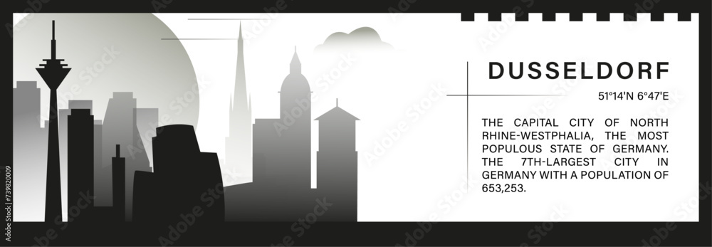 Dusseldorf skyline vector banner, black and white minimalistic cityscape silhouette. Germany city horizontal graphic, travel infographic, monochrome layout for website