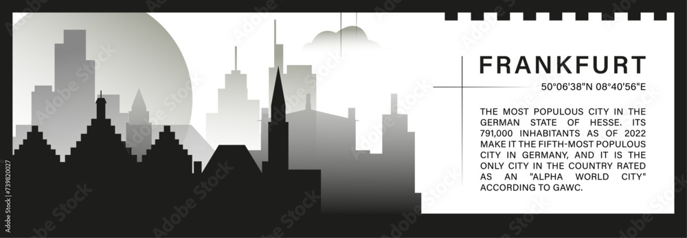 Frankfurt skyline vector banner, black and white minimalistic cityscape silhouette. Germany city horizontal graphic, travel infographic, monochrome layout for website