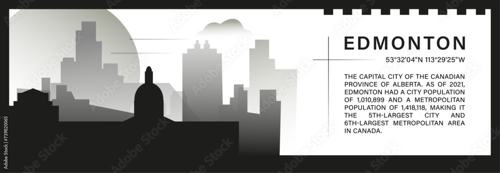Edmonton skyline vector banner, black and white minimalistic cityscape silhouette. Canada Alberta province city horizontal graphic, travel infographic, monochrome layout for website