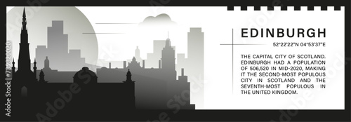 UK Edinburgh skyline vector banner  black and white minimalistic cityscape silhouette. United Kingdom Scotland city horizontal graphic  travel infographic  monochrome layout for website