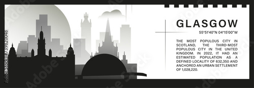 UK Glasgow skyline vector banner, black and white minimalistic cityscape silhouette. United Kingdom Scotland city horizontal graphic, travel infographic, monochrome layout for website