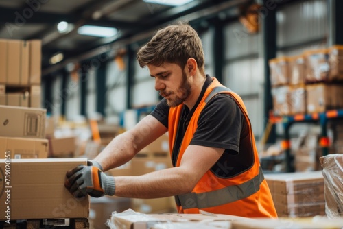 A man wearing an orange safety vest and gloves works in a logistics warehouse, packing boxes for transportation