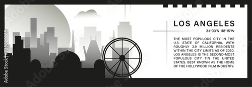  US Los Angeles skyline vector banner, black and white minimalistic cityscape silhouette. USA California state horizontal graphic, travel infographic, monochrome layout for website