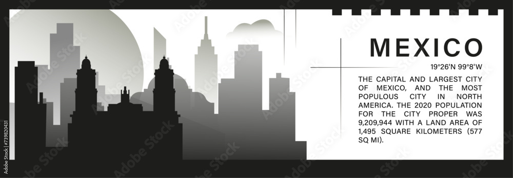 Mexico City skyline vector banner, black and white minimalistic cityscape silhouette. Latino city horizontal graphic, travel infographic, monochrome layout for website