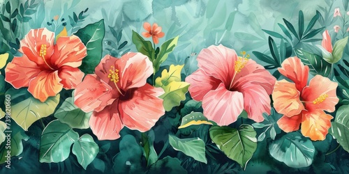 Lively and fresh  this vibrant watercolor features blooming pinks and lush greens