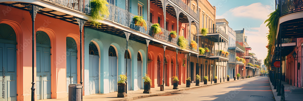 Charming French-Spanish Creole Architecture in French Quarter, New Orleans At Sunset